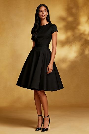 A Line Round Neck Midi Black Dress with Short Sleeves